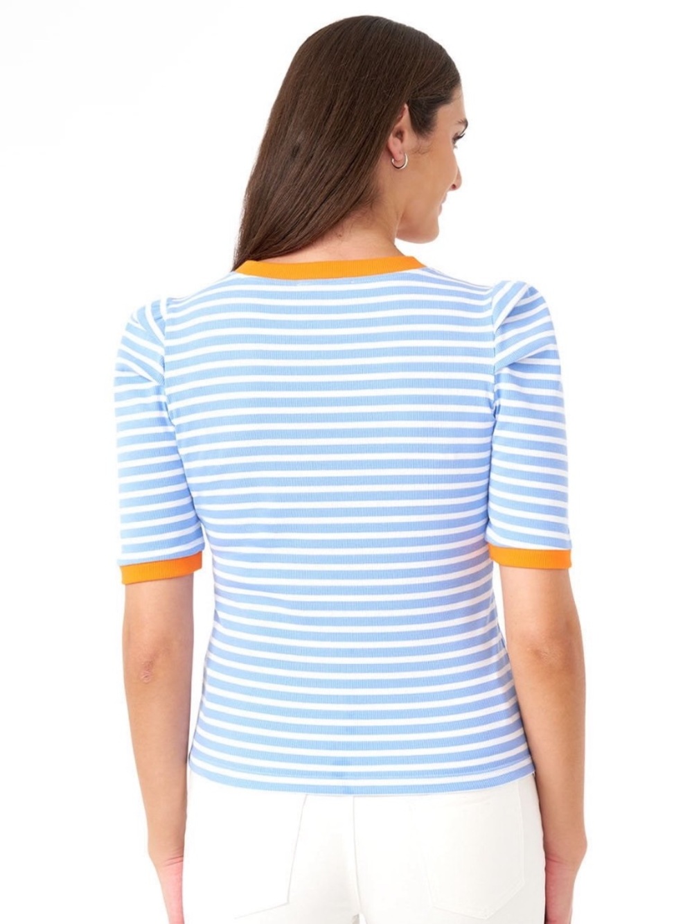 Rebecca Minkoff Blue White Striped Ribbed Puff Sleeve Top - Picture 2 of 5